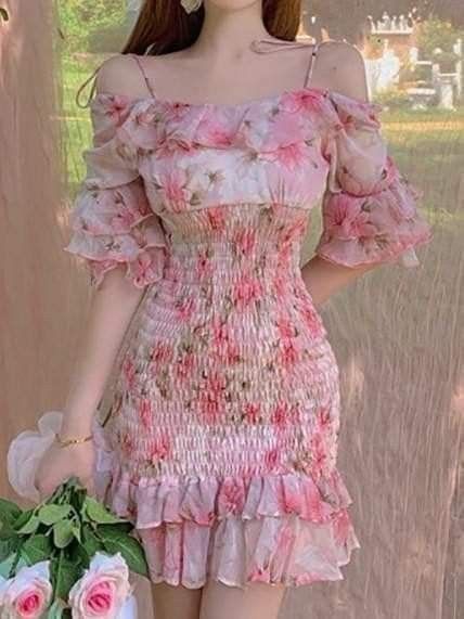 Pink floral one-shoulder waist elastic mini skirt homecoming dress R3118