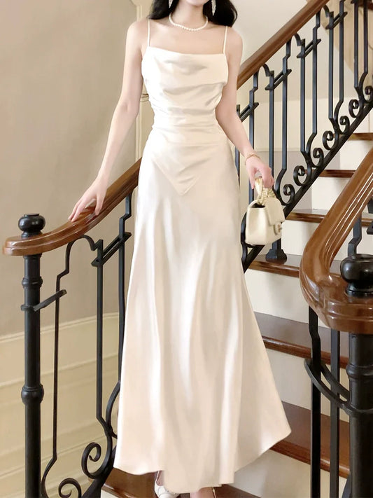 white satin dress, elegant long party dress S5970