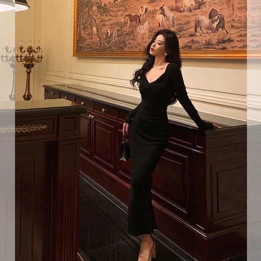 Black long-sleeved dress for women new party dress S5641