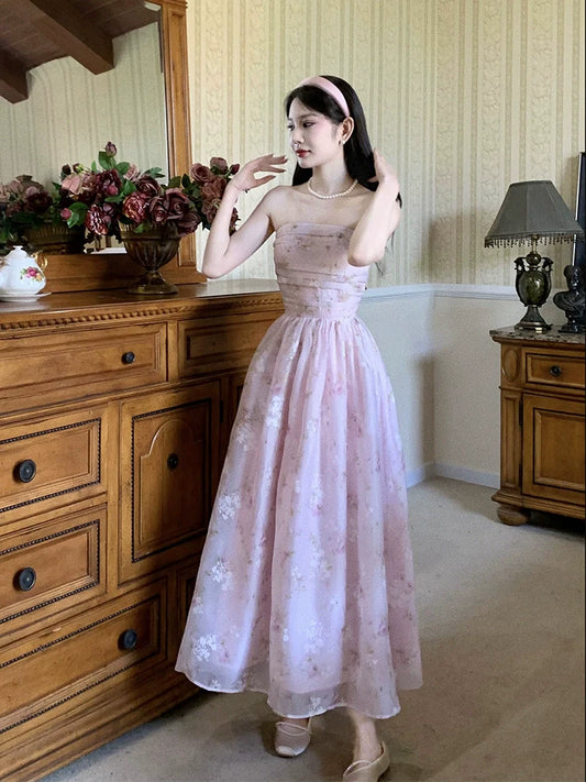 Pink dress with detachable straps, sweet floral dress S6016