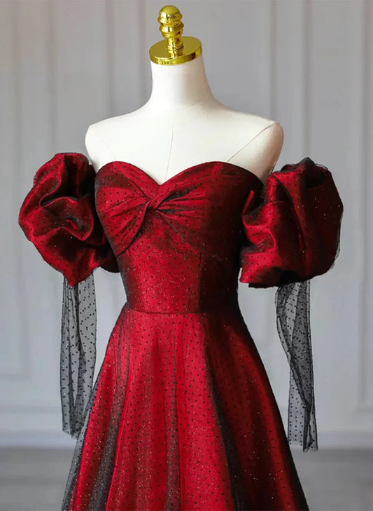 Black and Red Off Shoulder Sweetheart Party Dress, A-line Long Evening Dress S6563