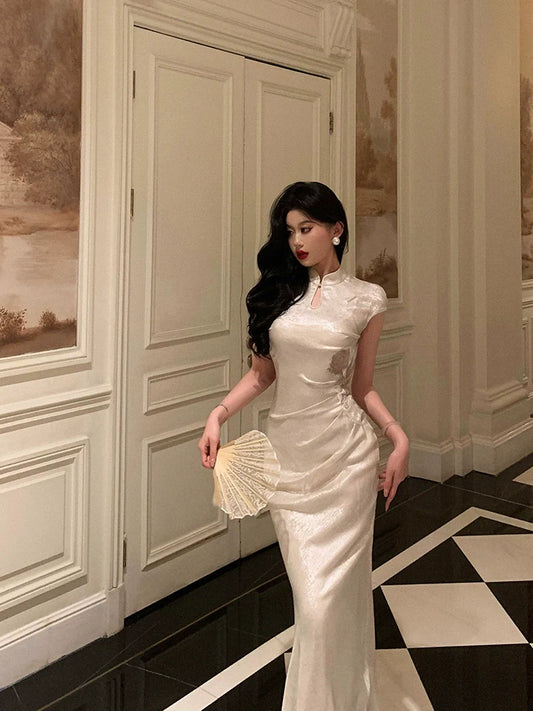 Satin cheongsam dress new style rose waist long party dress S5657
