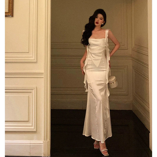 White satin suspender dress new ribbon backless split long party dress S5681
