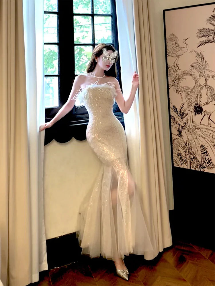 Feather strapless mermaid dress long party dress S6033