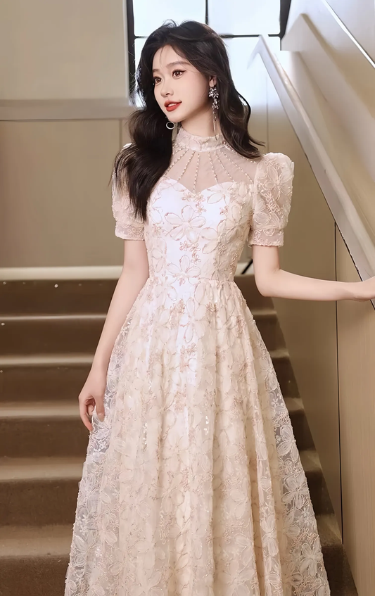 Lace Long Dress Women's Princess Sleeved Square Neck Elegant Evening Dresses S5440