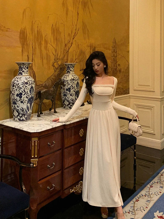 White long-sleeved dress for women long party dress S5615