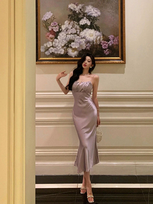 Purple satin suspender dress new mermaid party dress S5699