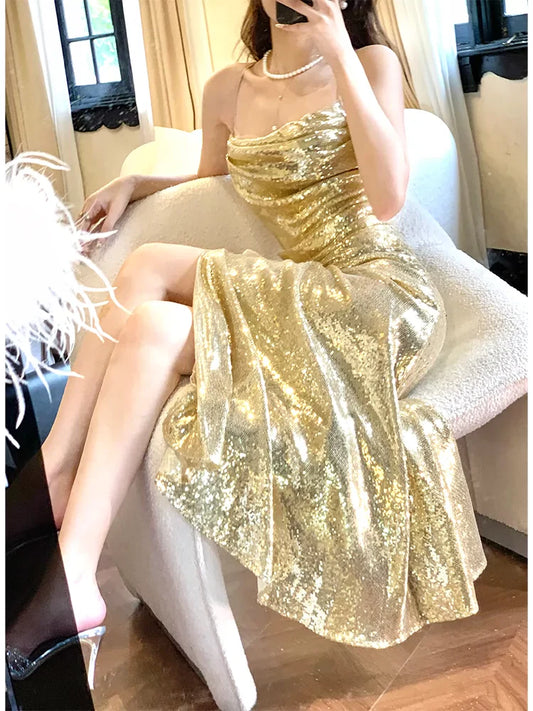 Gold halter neck sequins luxury dress mermaid evening dress S6048