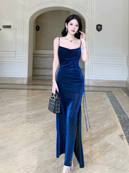 Blue shinny party dress long evening dress S5956
