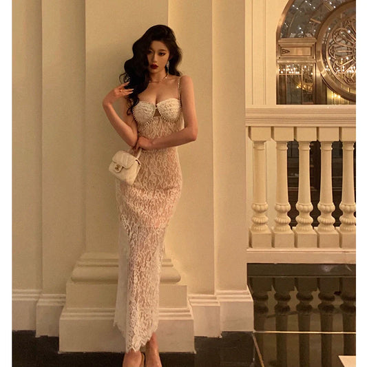 Sexy lace suspender dress new design long party dress S5644