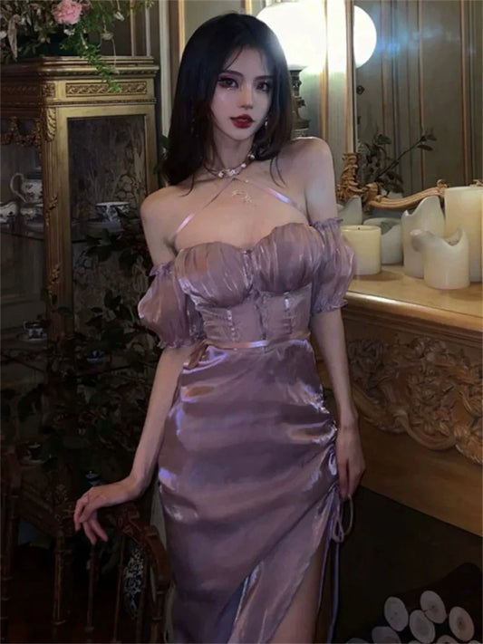 Birthday dress purple off-shoulder dress for women S5733