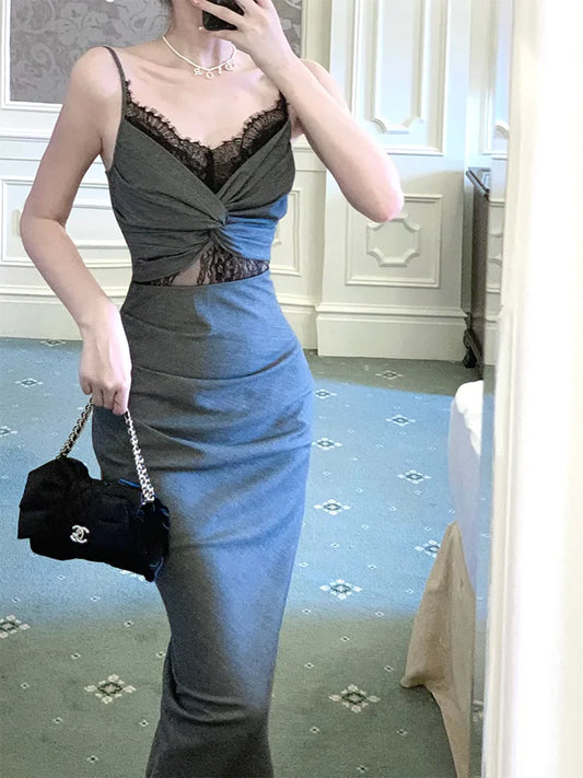 Gray lace beautiful pleated party evening dress S6099