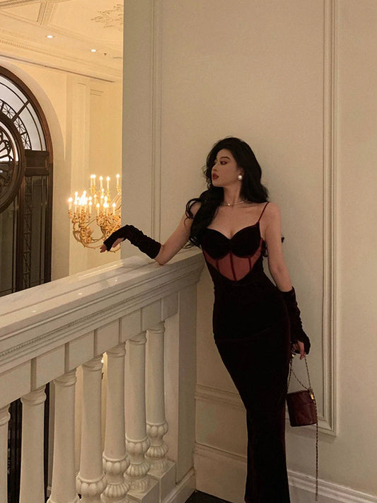 Red velvet suspender dress winter new banquet dress S5677