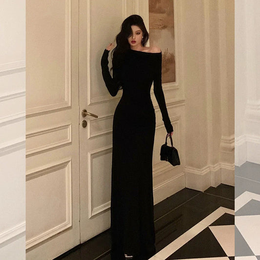 Black off-shoulder long-sleeved dress for women,long party dress S5709