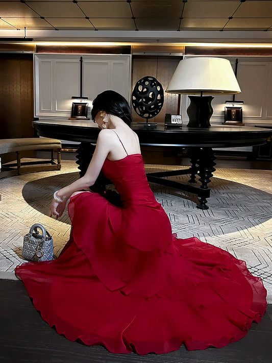 Design Red ruffled dress mermaid long party dress S6047