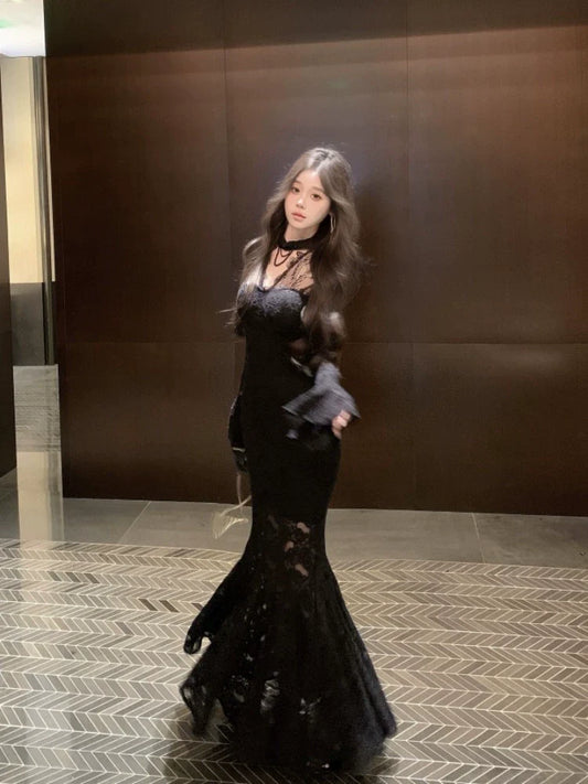 V-neck long-sleeved dress long sleeves mermaid long lace party dress S5908