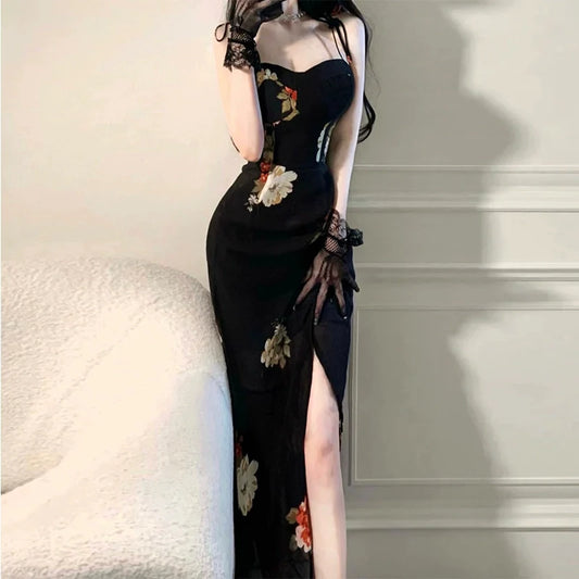 Sexy black floral suspender dress for women long party dress S5800