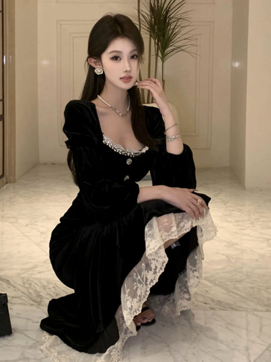 Black velvet dress for women winter birthday dress party dress S5877