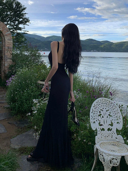 Sexy backless square neck black dress for women mermaid long dress S5865