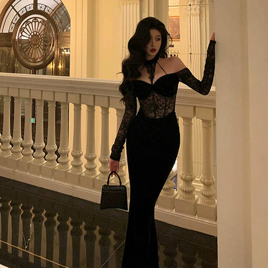 Black halter neck dress new sexy lace splicing velvet long dress S5652