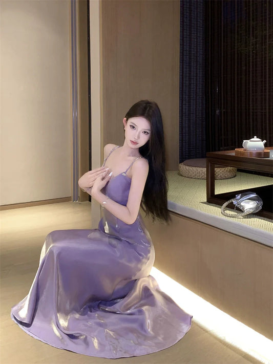 Purple satin v-neck dress for women long A-line party dress S5916