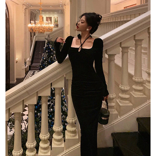 Rose halter neck velvet dress for women new retro party dress S5648