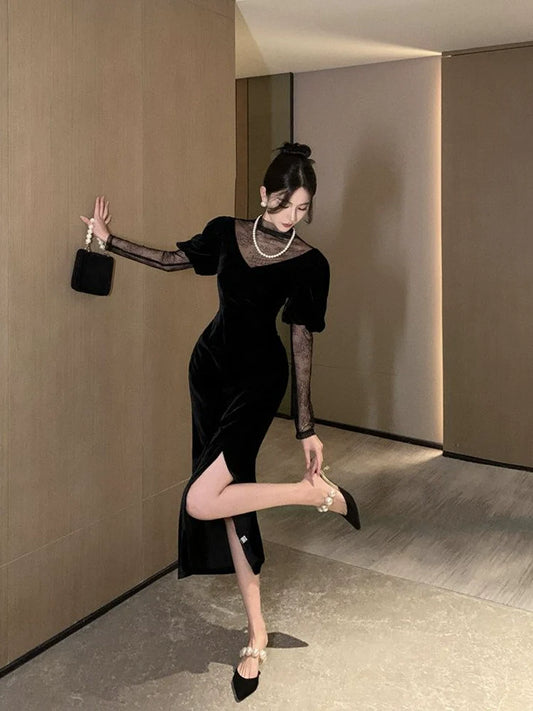 Black luxury dress velvet dress S5834
