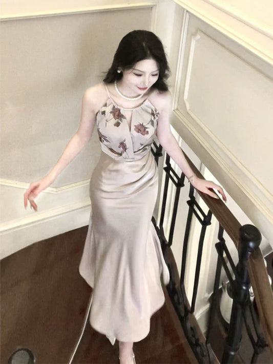 Satin printed mermaid dress long party dress S6040