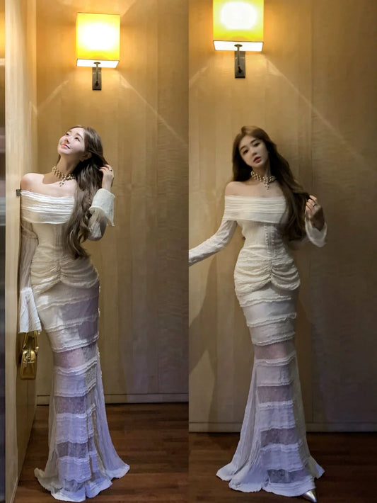 Off-shoulder white mermaid long sleeve dress lace splicing long party dress S5906