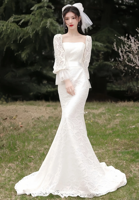 Elegant Lace Long-sleeve Mermaid Wedding Dress S5436