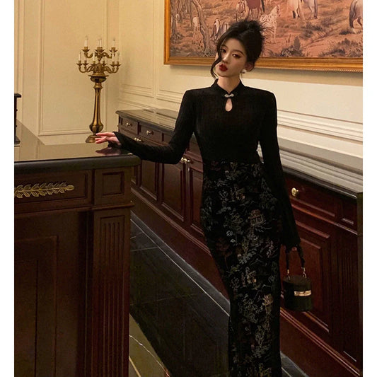 Velvet embroidered cheongsam dress for women new style national style party dress S5694
