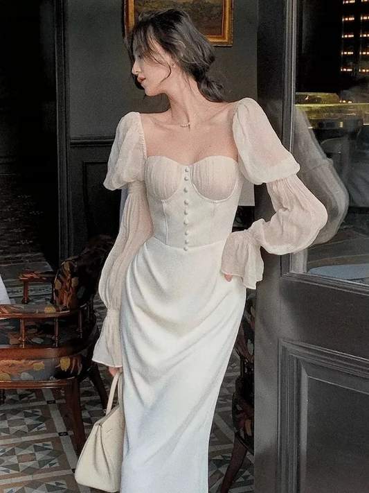 Puff-Sleeve Elegant Midi Dress Prom & Party Evening Dress for Women S5427