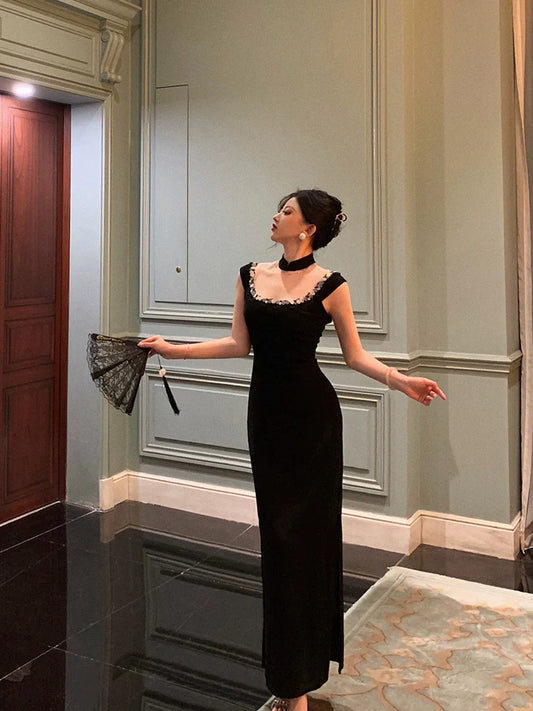 Elegant black cheongsam dress for women new style party dress S5706