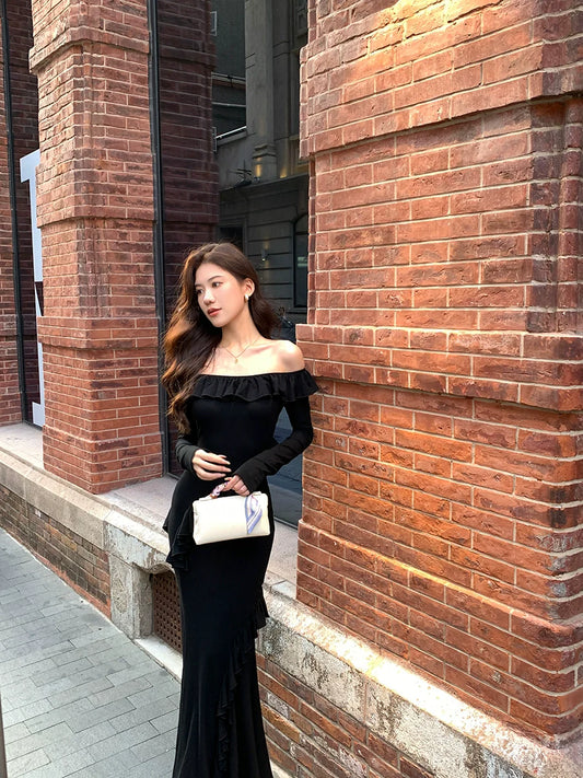 Black French ruffle design dress for women with slit long sleeves party dress S5728