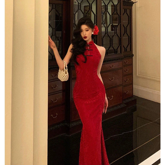 Red cheongsam dress new retro mermaid long party dress S5647