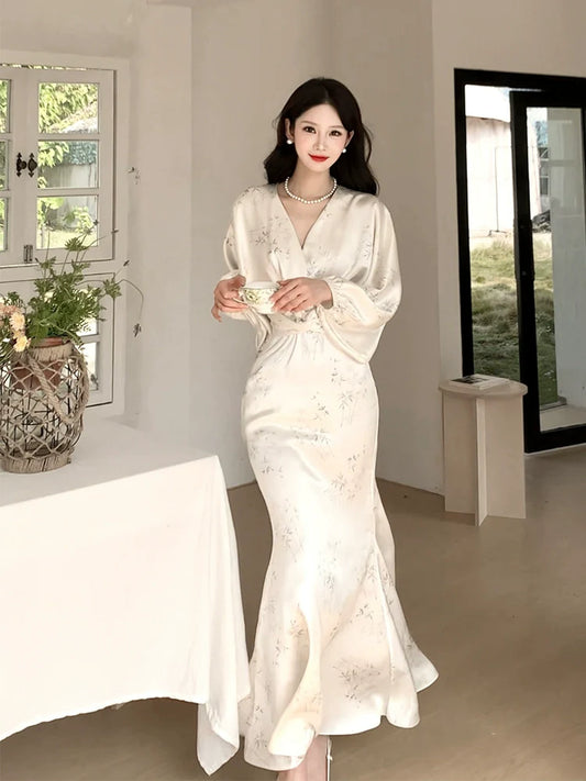 white long-sleeved satin dress long party dress S5971