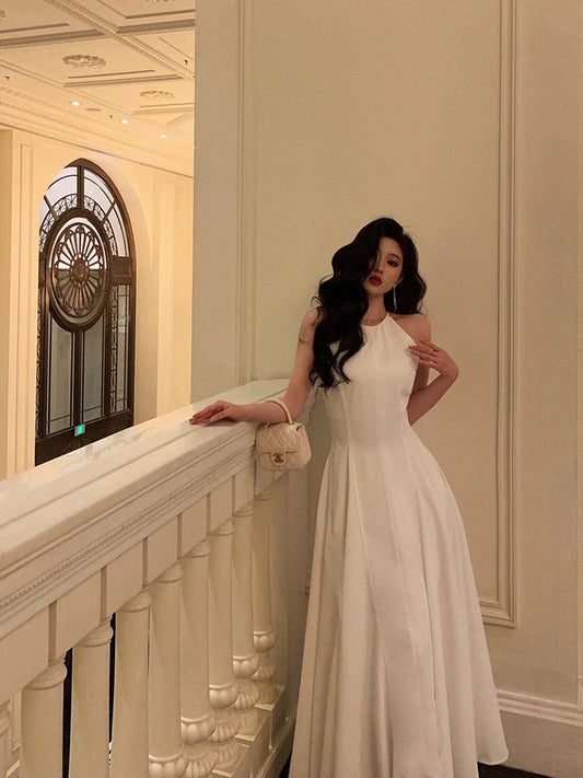 White halter neck dress for women new style A-line long dress party dress S5687