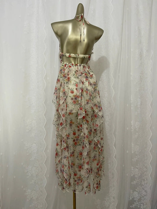 New arrival elegant ruffled halter neck floral slit backless midi dress holiday dress S5769