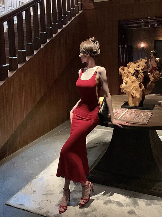 Sexy backless mermaid red suspender dress S5816