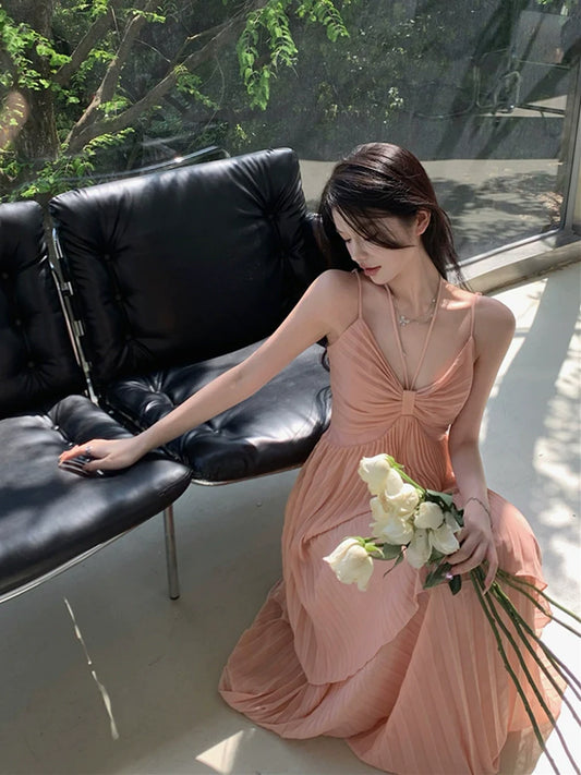 Halter neck dress women's long dress v-neck pleated a-line dress S5901
