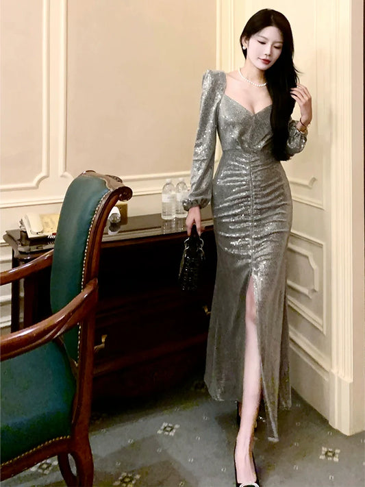 sequin dress long-sleeved slit evening dress S6007