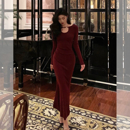 Red long-sleeved knitted dress party dress S5700