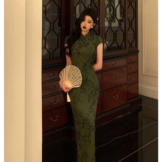 Short-sleeved cheongsam dress for women new retro jacquard slit long party dress S5667