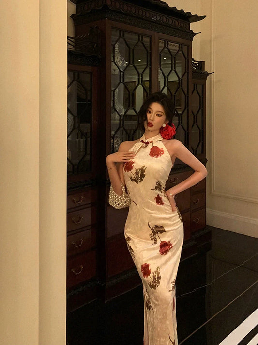 Chinese style velvet cheongsam dress for women new retro printed slit party dress S5658