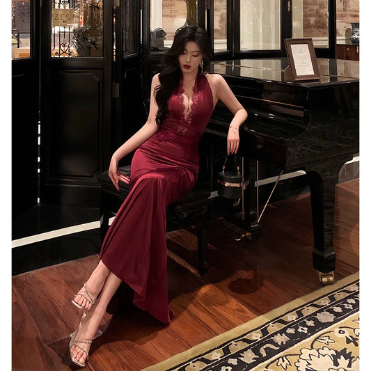 Sexy halter neck dress for women summer new style banquet satin dress S5679
