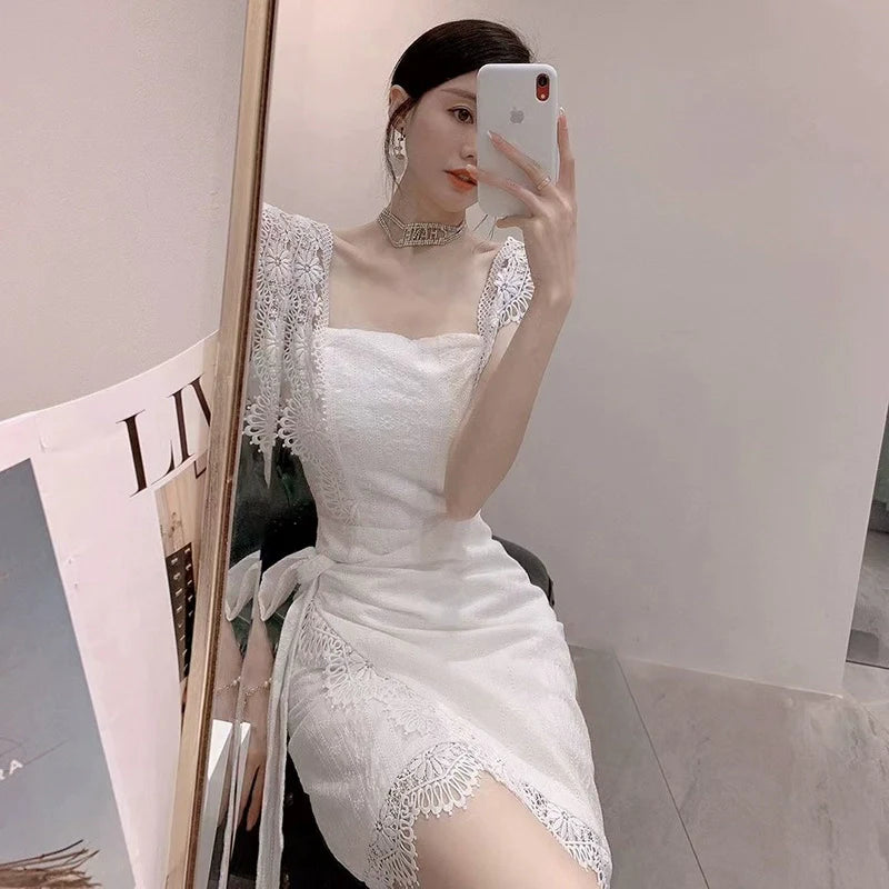 sleeveless white lace short party dress S5839