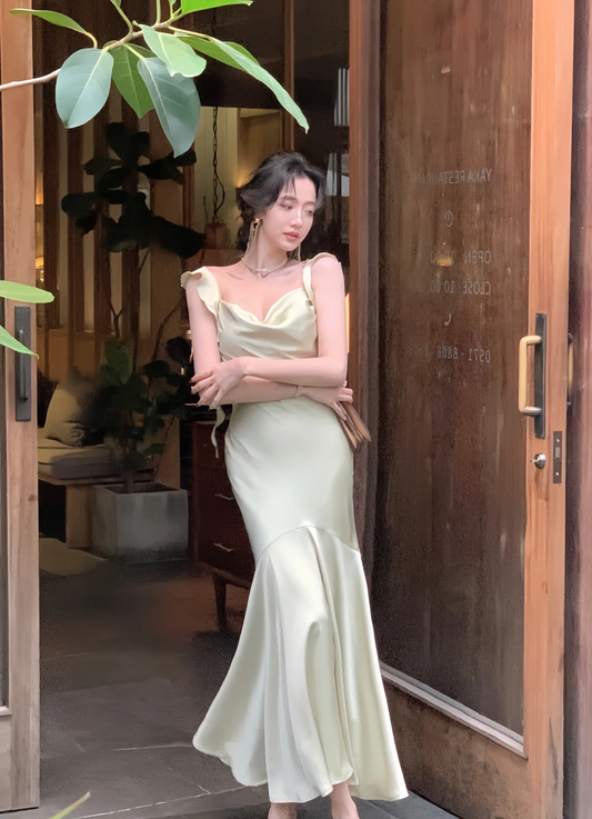 New Summer Elegant Midi Dress Women Vintage Satin Evening Party Dress S5411