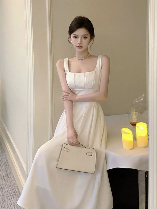 White satin a-line suspender dress for women new summer style long dress S5812