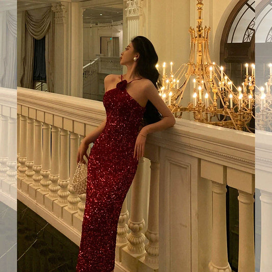 Banquet velvet sequined dress winter new sexy dress long party dress S5697