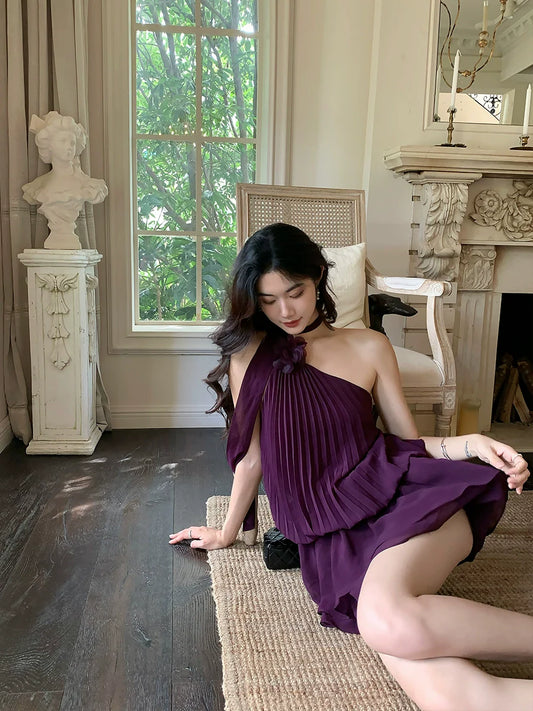 Purple halter neck dress summer party dress S5725